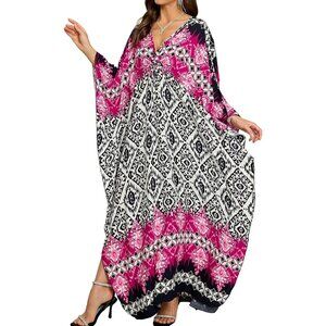Women's White Rose Diamond V-Neck Batwing Sleeves Summer Cover Up Kaftan Dress